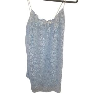 Vintage 80s LA Intimates Baby Blue Lace Babydoll Chemise Slip Dress Tie Neck